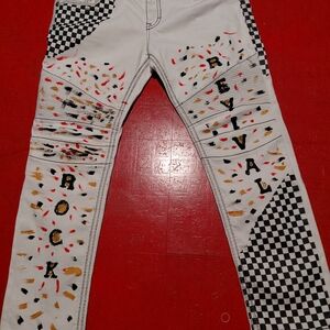 MENS UPCYCLED ROCK REVIVAL WHITE DENIM JEANS CHECKERBOARD PATTERN 40"W X 32"L